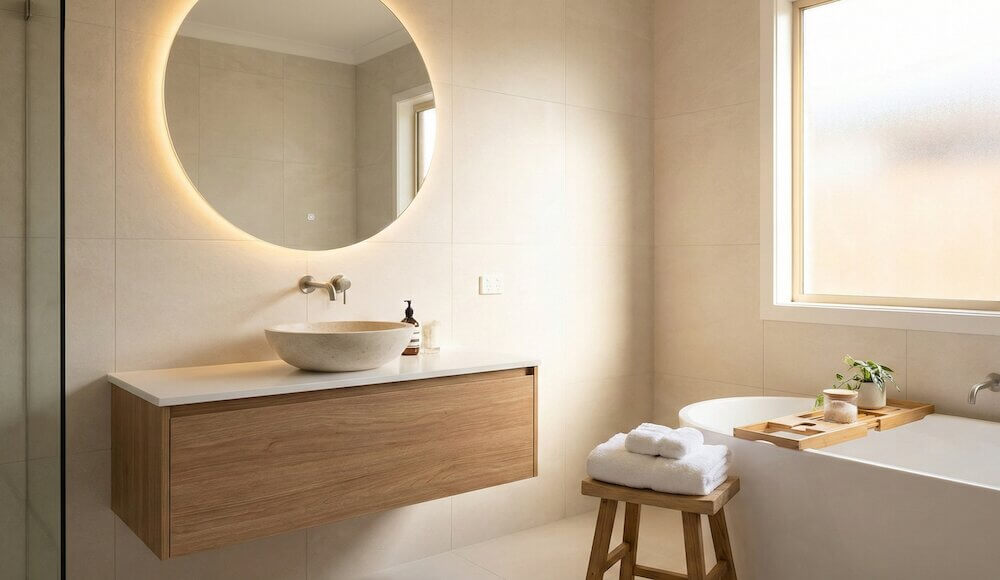 Alabastrowy odcień w łazience typu home spa