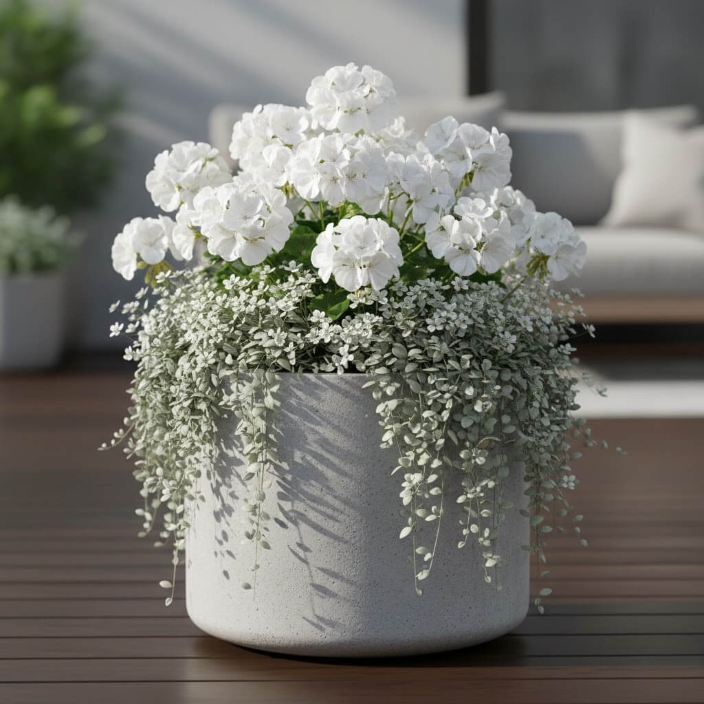 Białe pelargonie ze srebrzystą dichondrą Kompozycje pelargonii w donicach – białe kwiaty z dichondrą