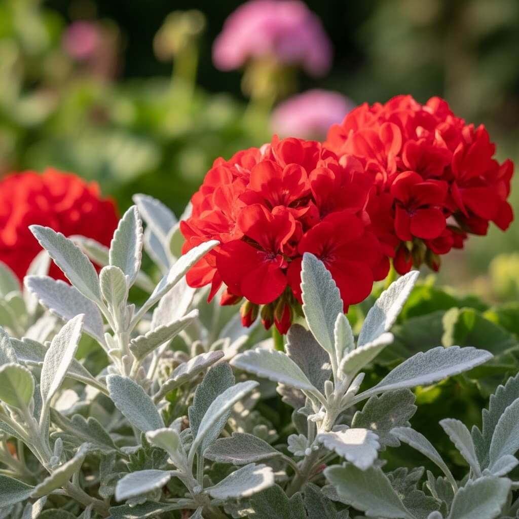 Kompozycje pelargonii w donicach z kocanką Czerwona pelargonia w donicy z kocanką włochatą