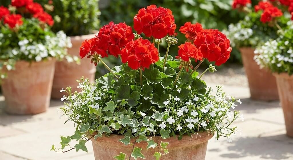 Czerwona pelargonia z białymi kwiatami Kompozycje pelargonii w donicach – czerwone kwiaty na tarasie