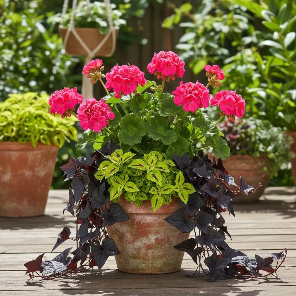 Kompozycje pelargonii w donicach – różowe kwiaty z wilcem Różowa pelargonia z koleusem i ciemnym wilcem