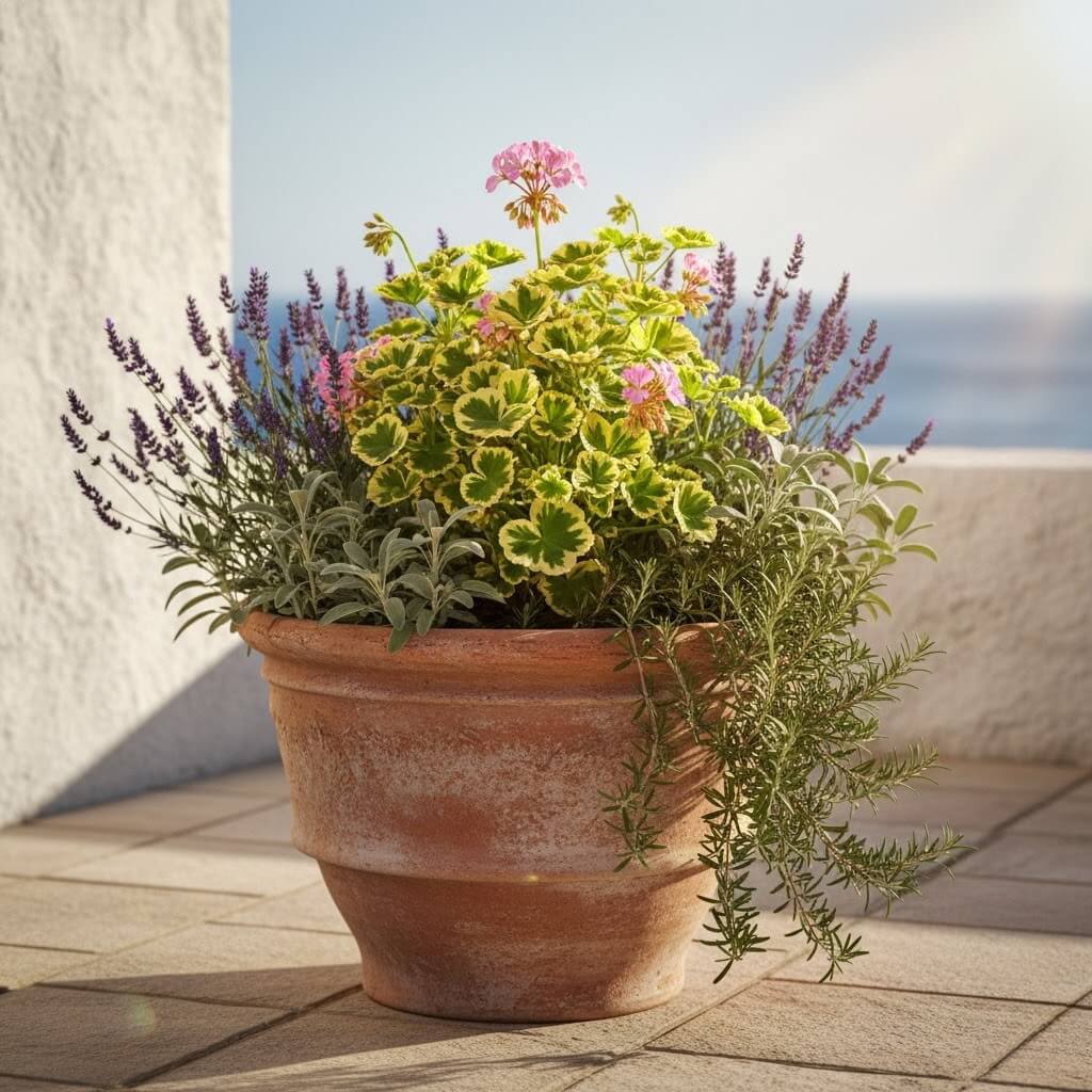 Pelargonia z ziołami w donicy z terakoty Kompozycje pelargonii w donicach z lawendą i rozmarynem