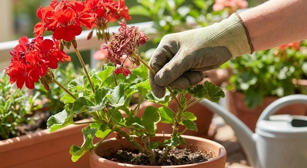 Kompozycje pelargonii w donicach – usuwanie suchych kwiatów Usuwanie przekwitłego kwiatostanu pelargonii