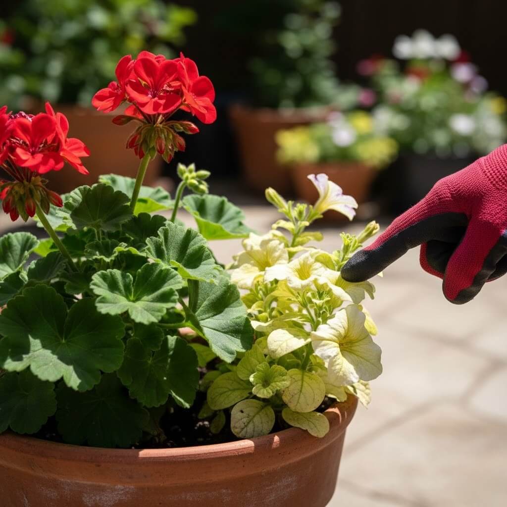 Pelargonia i petunia z jasnymi liśćmi Kompozycje pelargonii w donicach – pelargonia z żółknącą petunią