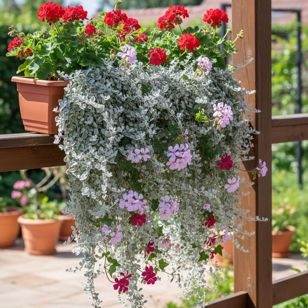 Kompozycje pelargonii w donicach – zwisająca aranżacja balkonowa Czerwone pelargonie ze zwisającymi srebrzystymi pędami