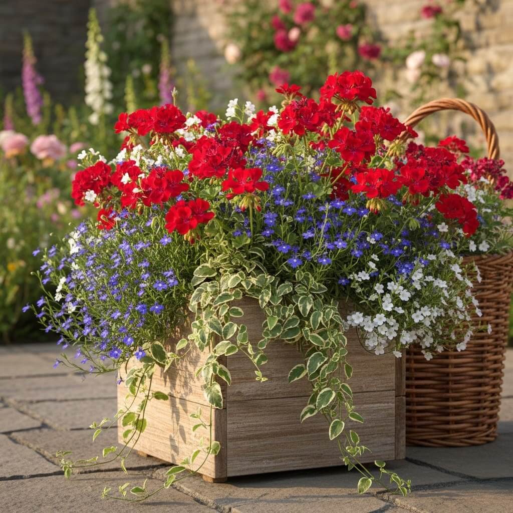 Pelargonie z lobelią i bakopą Kompozycje pelargonii w donicach – czerwone kwiaty w drewnianej skrzynce