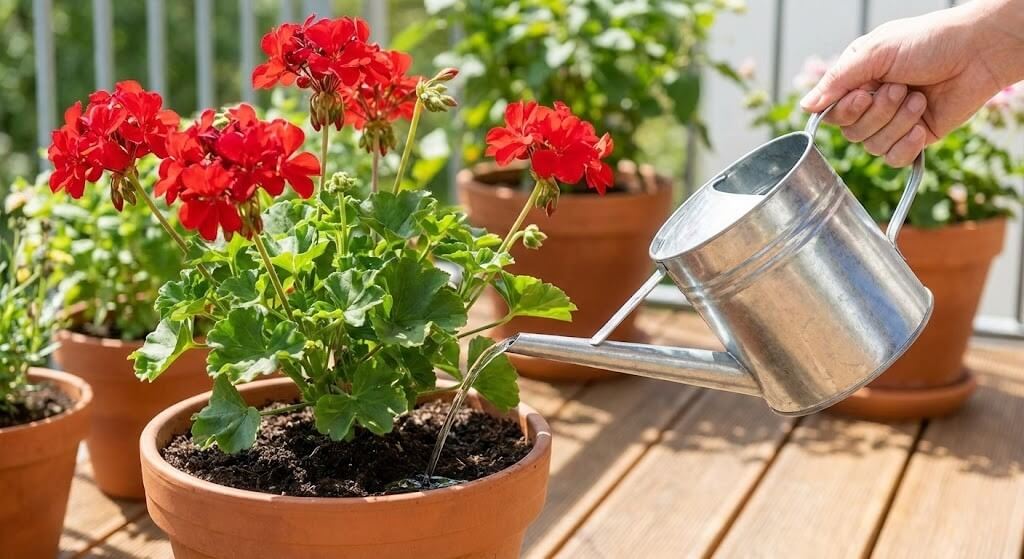Kompozycje pelargonii w donicach – podlewanie roślin Podlewanie czerwonej pelargonii w donicy
