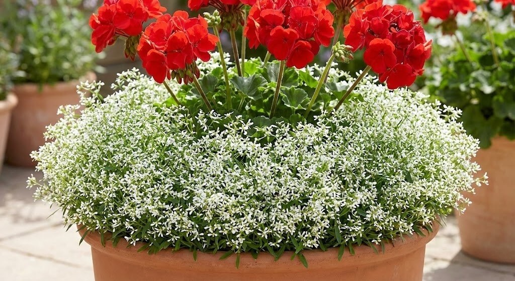 Czerwona pelargonia otoczona wilczomleczem Kompozycje pelargonii w donicach – czerwona pelargonia z wilczomleczem