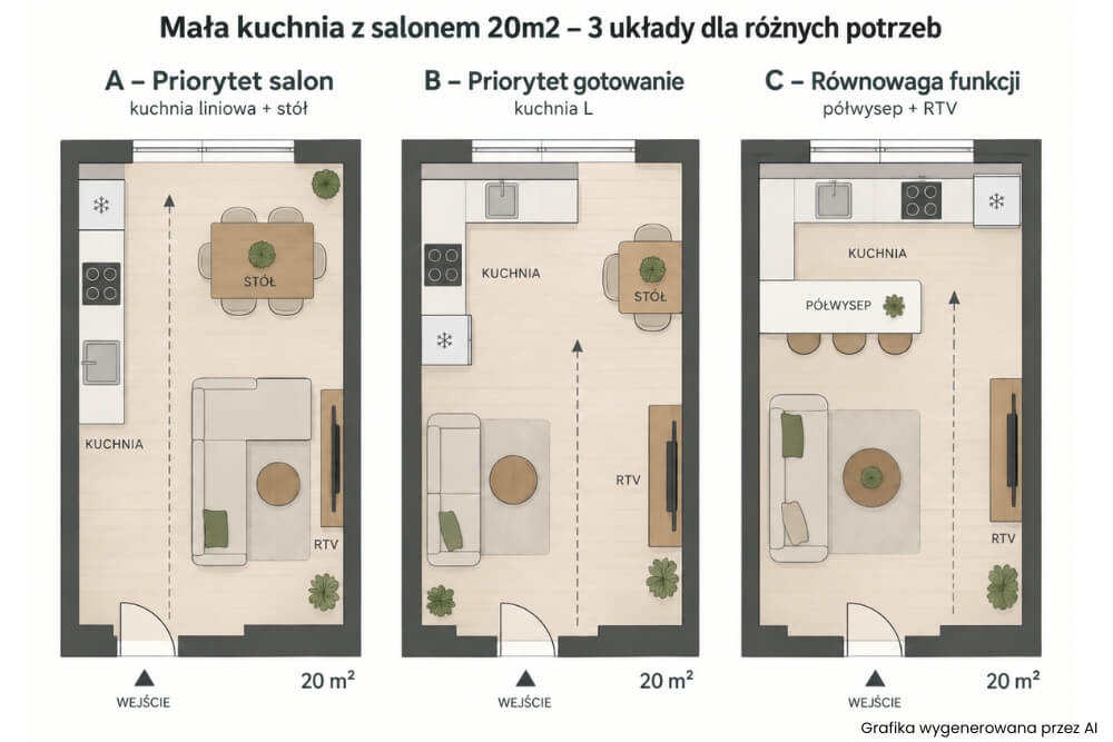 3 układy dla małej kuchni z salonem 20m2 mała kuchnia z salonem 20m2 - trzy układy dla różnych potrzeb