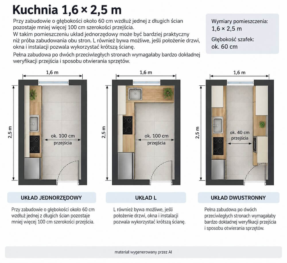Aranżacja małej kuchni 4 m2 – kuchnia 1,6 × 2,5 m